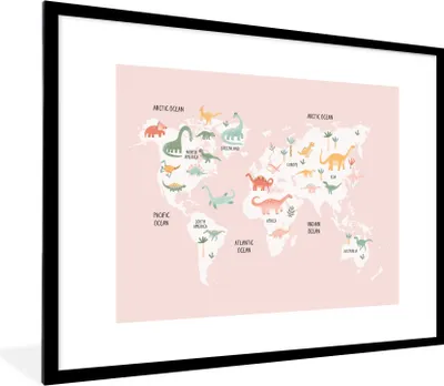 Produktbild von MuchoWow® Gerahmtes Poster Weltkarte - Kinder - Dino 80x60 cm - Poster mit Schwarzem Bilderrahmen Wandposter Rahmen Foto Bilder - Schlafzimmer-Dekorationen - Fotoposter