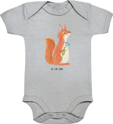 Produktbild von Mr. & Mrs. Panda Babybody Eichhörnchen Blume 12. - 18. Monat - Heather Grey - Geschenk, overall baby, Lachen, Strampler, babykleidung body, glücklich Spruch, Kurzarmbody