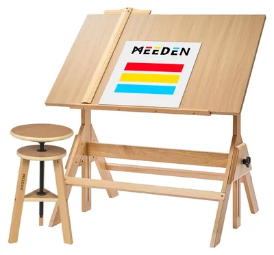 Imagen del producto de Mesa de dibujo de madera y juego de taburete, con altura ajustable y superficie de la mesa inclinable, ideal para trabajos artísticos