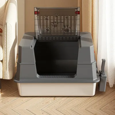 Immagine prodotto di Lettiera per gatti in acciaio inossidabile Ikodm, modello XXL, dimensioni 70 x 50 x 43 cm, chiusa con coperchio a battente, ideale per gatti di grossa taglia. Colore: grigio e nero