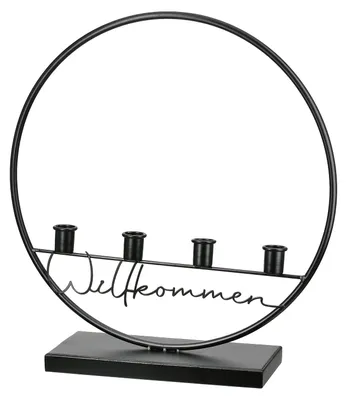 Productafbeelding van Gilde kaarsenhouder, rond, met de tekst "Willkommen", metaal, zwart, verpakking met 2 stuks, lengte 11 cm, breedte 38 cm, hoogte 40 cm. Artikelnummer: 69854, EAN: 4063387698549