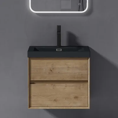 Immagine prodotto di doporro Mobile Bagno Sospeso Mobiletto Sottolavabo da 60cm Marrone chiaro, Mobile Sottolavabo Include Lavandino Antracite in Marmoresina e 2 Cassetti Soft Close Seria Rimo