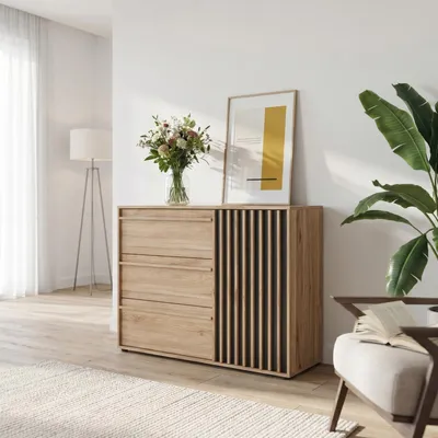 Produktbild von Kommode >ARANK< in Mauvella Eiche / Schwarz - 117,8x84,9x41,7cm (BxHxT)