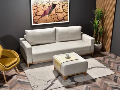 Zdjęcie produktu dla Sofa rozkładana z taboretem DALENA - piasek / dąb