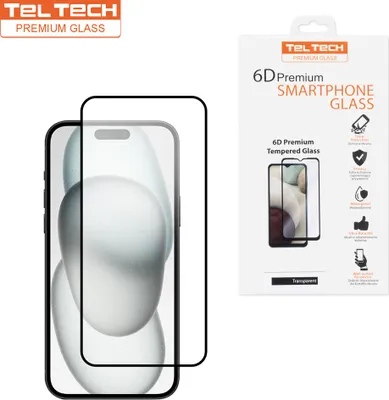 Produktbild von TELTECH Displayschutzfolie aus gehärtetem Glas, Schwarz Rahmen, Kratzfest, Blasenfrei, HD Klar für iPhone 15