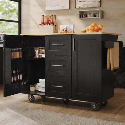 Immagine prodotto di Carrello da cucina con piano di lavoro pieghevole, cassetti, ruote, colore nero, dimensioni 135x46-74x86,6 cm