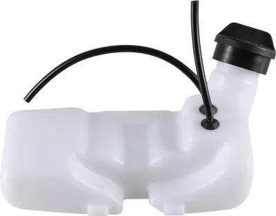 A white plastic fuel tank with a black cap and black fuel lines, isolated on a white background.