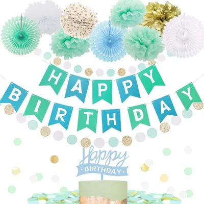 Image de Kit de décoration pour anniversaire : papier de soie vert menthe et bleu clair, pompons, guirlande, confettis