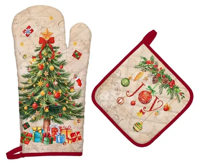 Zdjęcie produktu dla Zestaw świątecznych rękawic kuchennych i ściereczek do garunków (2 sztuki), bawełna | Odporne na wysokie temperatury | 17x31 cm i 20x20 cm