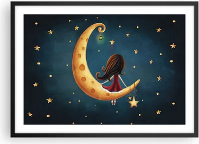 Produktbild von Gerahmtes Poster - Schwarzer Rahmen - Kinder Mädchen Mond - 70x50 cm - Wand Bild - Wanddeko - Wandbilder - Kunstposter - Wandposter - Bilderrahmen - Bilder - Kunstdruck - P2BAA70x50-4683
