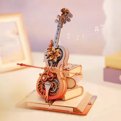 Image de puzzle 3D en bois Symphonie des rêves, 199 pièces, boîte à musique mécanique, kit de bricolage avec chat caché, coloré, cadeau pour famille et enfants