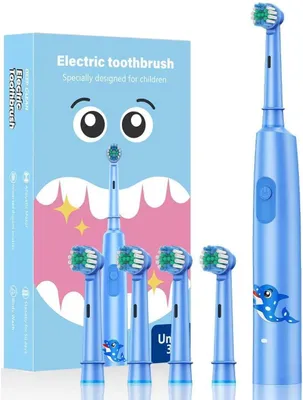 Produktbild von Elektrische Kinderzahnbürste ab 3-12 Jahre mit Timer, 3 Modi, rotierendem Bürstenkopf, wasserdicht IPX7, 4 weichen Bürstenköpfen