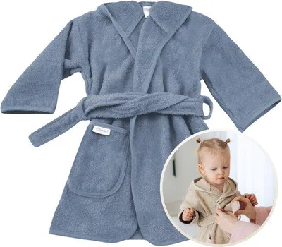 Produktbild von Unyqoos® Baby-Bademantel 0–12 Monate, Kinder-Bademantel Grau-Blau, 100% Baumwoll-Frottee, weich & saugfähig, mit Kapuze und Bindegürtel – ideal nach Baden, Duschen & Schwimmen