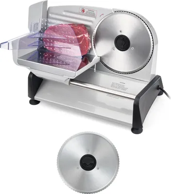 Zdjęcie produktu dla Krajalnica uniwersalna - Krajalnica elektryczna i krajalnica do mięsa - Silnik 200 W - Ostrze 19 cm - Bezstopniowa grubość cięcia 0-15 mm - Do mrożonego mięsa, szynki i steków