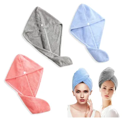 Produktbild von Haarturban Handtuch, 3 Stück Mikrofaser-Handtücher zum Trocknen von Haaren, saugfähig, verdrehter Turban, schnell trocknend, Haarkappen mit Knöpfen, Badeschlaufe