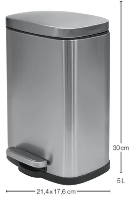 A silver stainless steel pedal bin with dimensions and capacity indicated.