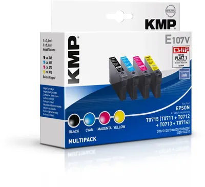Produktbild von KMP Vorteilspack E107+E108+E109+E110 - 4er-Pack - Schwarz, Gelb, Cyan, Magenta - Tintenpatrone (entspricht: Epson T0711, Epson T0712, Epson T0713, Epson T0714 ) - für Epson Stylus SX100, SX105, SX200, SX400, SX405, SX600| Stylus Office B40, BX300, BX600