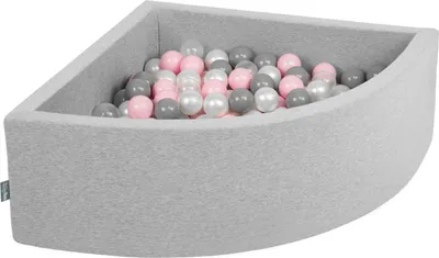 Zdjęcie produktu dla KiddyMoon suchy basen trójkątny z piłeczkami 7cm jasnoszary: perła-szary-transparent-pudrowy róż 90x30cm/200piłek zabawka basen piankowy