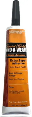 A tube of Liquid Gold Bond-A-Weave Extra Super Adhesive for weaves and extensions.