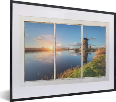 Produktbild von MuchoWow® MuchoWow® Gerahmtes Poster Aussicht - Mühle - Reflexion 40x30 cm - Poster mit zchwarzem Bilderrahmen - Bilderrahmen - Poster im Rahmen