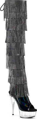 Produktbild von DELIGHT-3017HG-RSF Pleaser High Heels Plateauoverkneestiefel schwarz Holo Strass Fransen