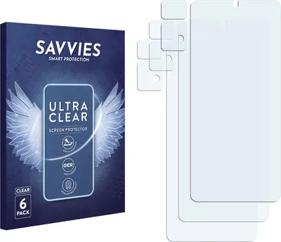 A product box and several screen protectors are displayed.