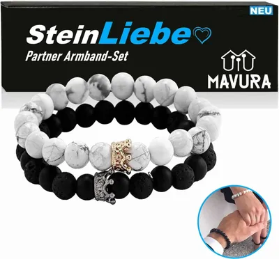Produktbild von SteinLiebe Partner Armband King Queen Anhänger Set Perle Krone Marmor Optik
