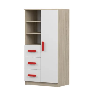 Obrázek produktu pro Dětská knihovna Jonas 05 - 80 cm, sonoma/bílá s červenými úchyty, 3 zásuvky a 1 dvířka