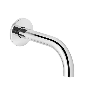 A close-up studio shot of a chrome faucet spout against a white background.