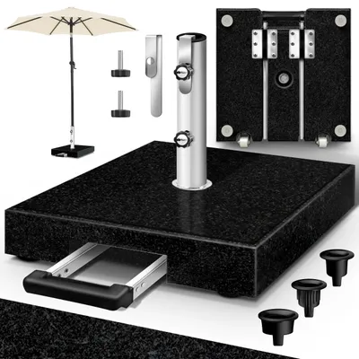Produktbild von tillvex® Granit Sonnenschirmständer mit Rollen & Transportgriff Schwarz - 27 kg Eckig mit Trolley-Griff | Schirmständer Sonnenschirm mit Edelstahlrohr | Balkonschirmständer für Schirmstöcke 16-48 mm & 250 cm Schirmdurchmesser