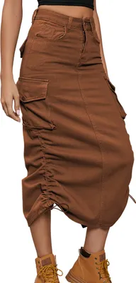 Produktbild von ASKSA Damen Y2K Cargo Roecke Jeans Bleistiftrock High Waist Elegant Kordelzug Midi Rock mit Taschen, Braun, XXL