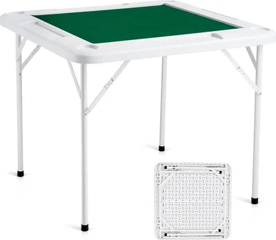Image de Table de mahjong VEVOR, table de dominos pliante pour 4 joueurs avec plateau vert résistant à l'usure, table à cartes carrée portable avec 4 porte-boissons & 4 compartiments à jetons pour les puzzles de mahjong-poker