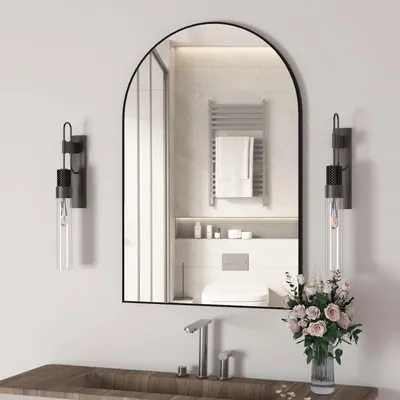 Immagine prodotto di Specchio da parete a forma di arco, 60x90 cm, cornice in metallo nero, ideale per bagno o camera da letto