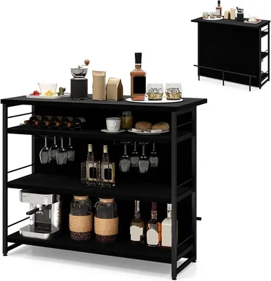 Produktbild von Hausbar Theke Bar, Barschrank mit 4 offenen Ablagen, Bartisch Küchen Tresentisch mit Weinregal & Gläserhalter, Küchenregal Küchentheke 120 x 60 x 101 cm, Küchenbar Küchentresen