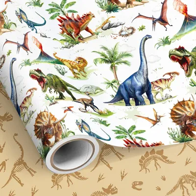 Immagine prodotto di Carta da regalo a rotolo, motivo dinosauri in 3D, 43 cm x 10 m, per bambini