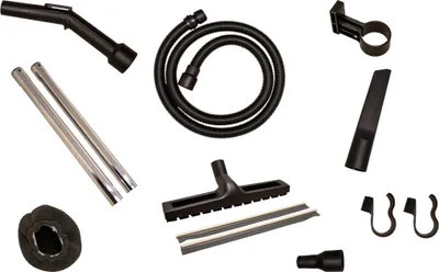 A collection of vacuum cleaner accessories laid out on a white background.