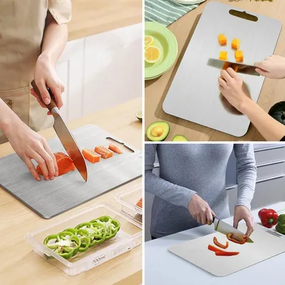 Produktbild von Große Schneidebrett aus Titan - 34 x 23 cm - Multifunktional - Für Obst, Fleisch und Gemüse - Rostfreier Stahl