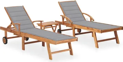 Produktbild von Sonnenliegen 2 Stk. mit Tisch und Auflagen Massivholz Teak