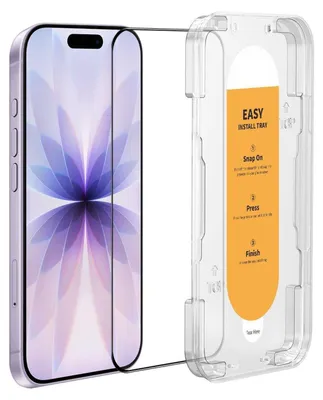 A screen protector for an iPhone is shown next to its installation tray.