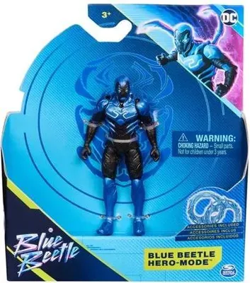 A toy action figure of Blue Beetle in its packaging.
