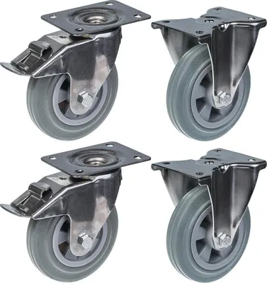 Produktbild von 160 mm (6") Edelstahlrolle mit grauer Gummilauffläche, mit Bremse und feststehend, 540 kg, 4er-Set