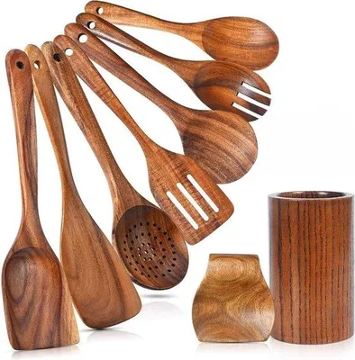 Produktbild von Holz Kochutensatz 9-teilig - Antihaft - Kochutensatz mit Holzhalter - Gesundes Kochen - Wokspatel - Kochutensätze - Holzspatel - Vork - Schneidspatel - Holzlöffel