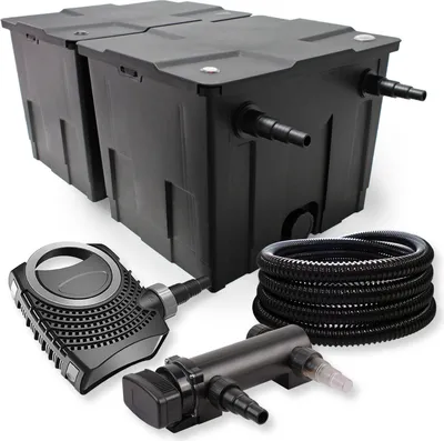 Zdjęcie produktu dla Kompletny zestaw SunSun: filtr stawowy CBF-350B do 60000 l jako filtr przepływowy, pompa stawowa CTF-8000 SuperECO 8000 l/h 70 W, odstojnik stawowy CUV-318 z odstojnikiem UVC 18 W, wąż stawowy 25 m 25 mm