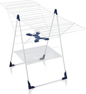 A white and blue foldable drying rack against a white background.