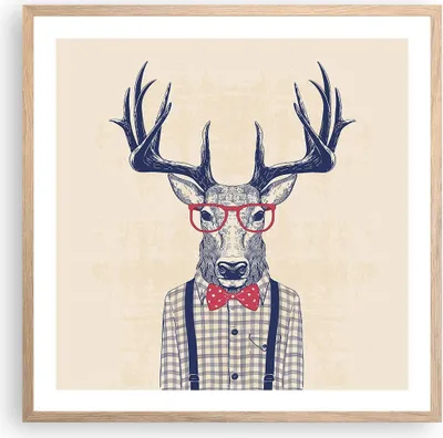 Produktbild von Gerahmtes Poster - Rahmen in heller Eiche - Charakter Hirsch Illustration hipster - 60x60 cm - Wand Bild - Wanddeko - Wandbilder - Wandposter - Bilderrahmen - Bilder - Kunstdruck - P2NAC60x60-3120