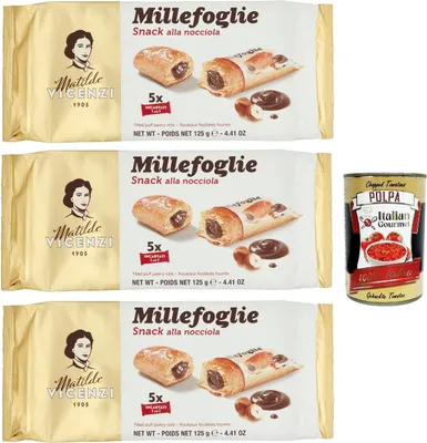 Produktbild von Matilde Vicenzi millefoglie snack alla nocciola, Blätterteigbacken, knusprige und zarte, snack gefüllt von Haselnusscreme 3x 125g + Italian gourmet polpa 400g