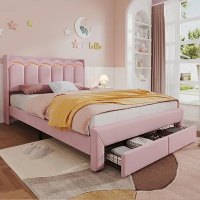 Productafbeelding van MODFU Gestoffeerd bed 140 x 200, kinderbed met golfpatroon hoofdeinde, tweepersoonsbed/tienerbed met 2 lades en LED-verlichting, zonder matras, roze
