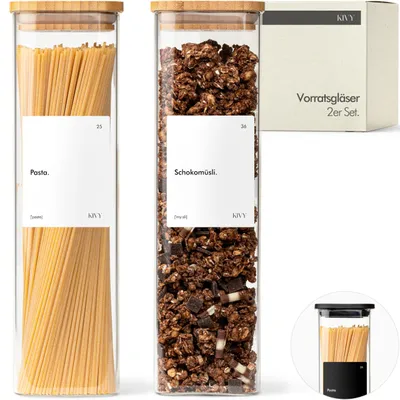 Produktbild von Set aus 2 quadratischen Aufbewahrungsgläsern 1800 ml mit Etiketten