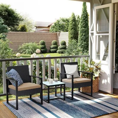 Produktbild von SONGMICS Balkonmöbel, aus PE-Polyrattan, Lounge-Set, Tisch und 2 Stühle GGF010M05