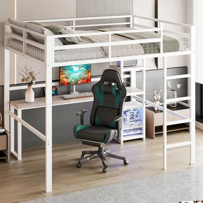A loft bed with a desk and chair underneath, set up in a room.